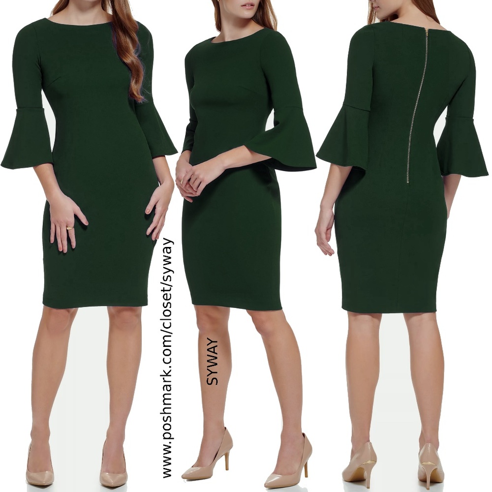Calvin Klein Boat Neck Quarter Bell Sleeve Scuba Sheath Dress